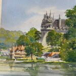 Pierrefonds, France - view of castle from the lakeside - watercolour