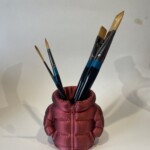 Brush/pen pot - scarlet puffer jacket, large neck