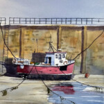 Flat card showing boat in Amble Harbour - pack of 3